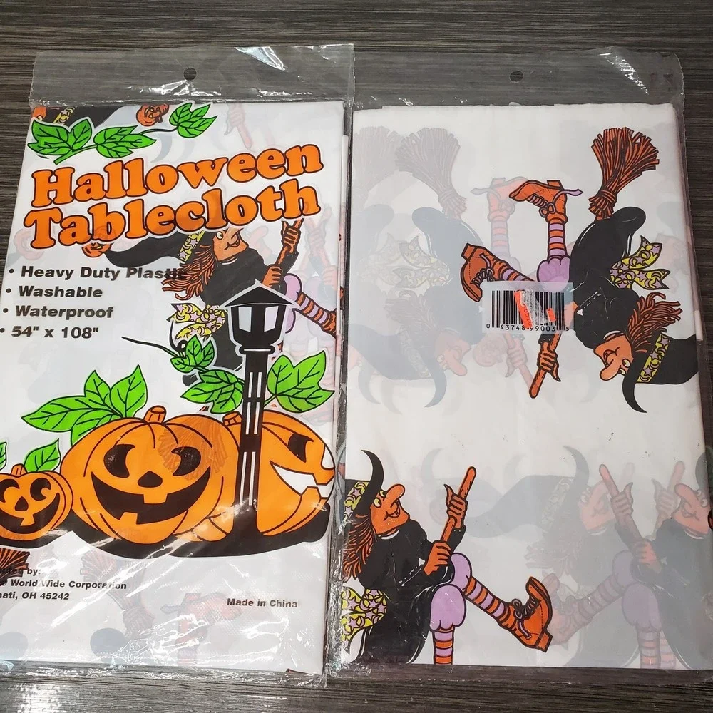 TWO Vintage Plastic Witch On A Broomstick Rectangular Table Cloths 54